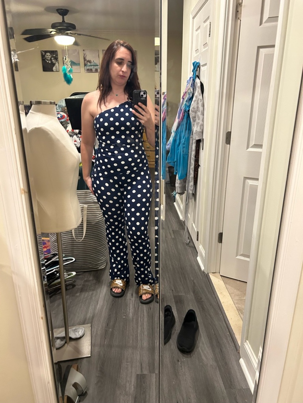Fashion Nova Navy One-Shoulder Polka Dot Jumpsuit